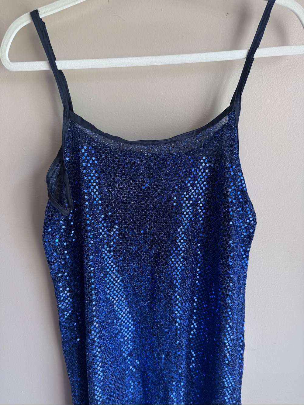 Blue Sequin Semi Sheer Slip Mini Dress Party New Years Spaghetti Strap S M - Picture 3 of 8